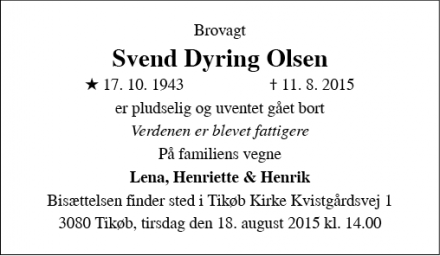 Dødsannoncen for Sven Dyring Olsen - 3490 Kvistgård