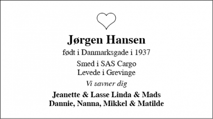 Dødsannoncen for Jørgen Hansen - Grevinge