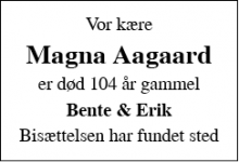 Dødsannoncen for Magna Aagaard - Herning