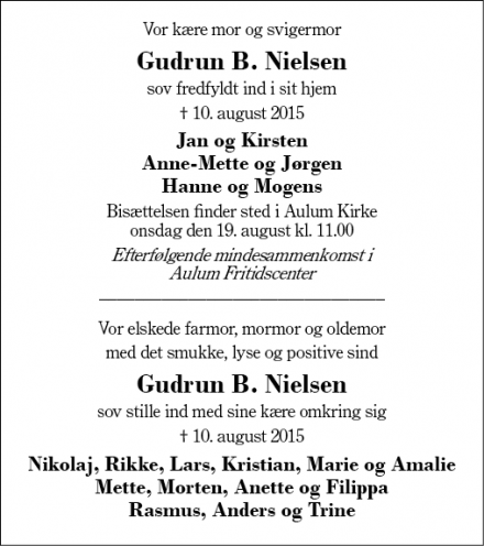 Dødsannoncen for Gudrun B. Nielsen - Aulum