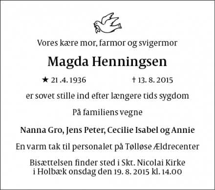 Dødsannoncen for Magda Henningsen - København