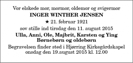 Dødsannoncen for Inger Winther Jensen - Hjørring