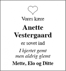 Dødsannoncen for Anette Vestergaard - vildbjerg