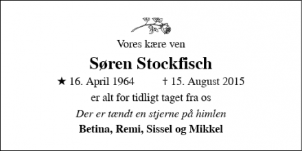 Dødsannoncen for Søren Stockfisch - Vojens