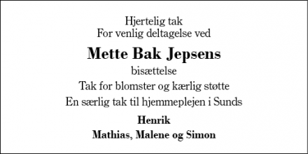 Dødsannoncen for Mette Bak Jepsens - Sunds