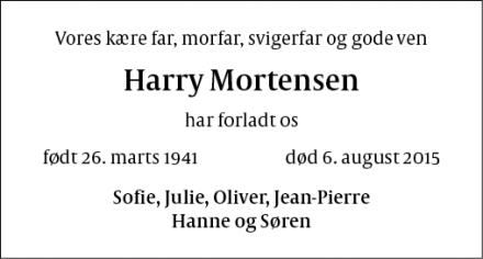 Dødsannoncen for Harry Mortensen - København