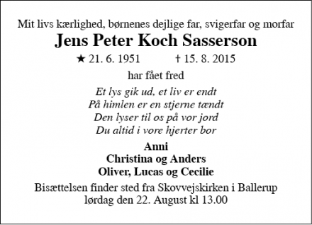 Dødsannoncen for Jens Peter Koch Sasserson - Ballerup