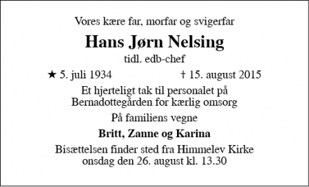 Dødsannoncen for Hans Jørn Nelsig - Roskilde