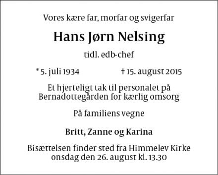 Dødsannoncen for Hans Jørn Nelsig - Roskilde