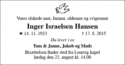 Dødsannoncen for Inger Israelsen Hansen - Lemvig