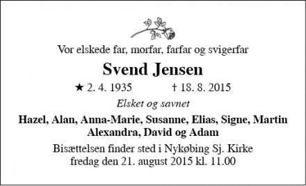 Dødsannoncen for Svend Jensen - Nykøbing Sj.
