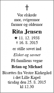 Dødsannoncen for Rita Jensen - Århus