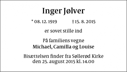 Dødsannoncen for Inger Jølver - Birkerød