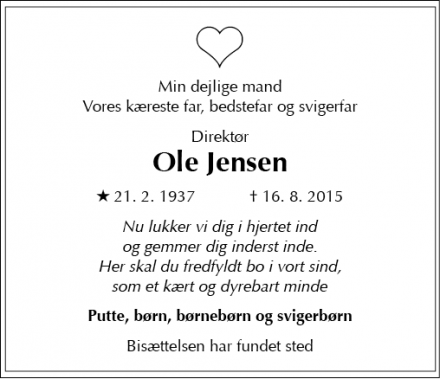 Dødsannoncen for Ole Jensen - Charlottenlund