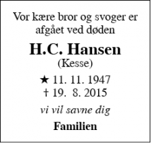 Dødsannoncen for H.C. Hansen  - Sønderho 