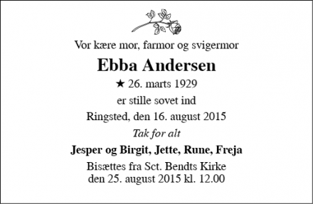 Dødsannoncen for Ebba Andersen - Ringsted