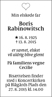 Dødsannoncen for Boris Rabinowitsch - Valby