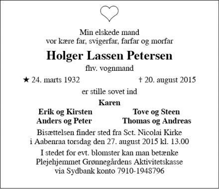 Dødsannoncen for Holger Lassen Petersen - Aabenraa