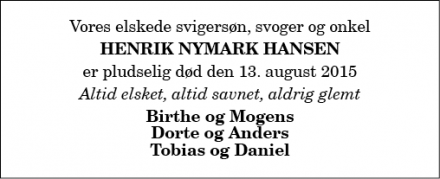 Dødsannoncen for Henrik Nymark Hansen - Sindal