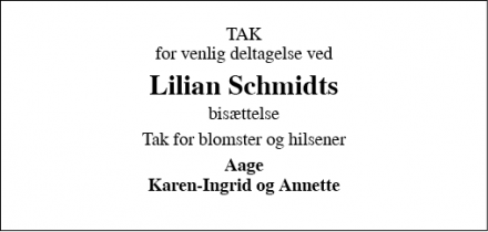 Dødsannoncen for Lilian Schmidt - Bredsten