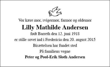 Dødsannoncen for Lilly Mathilde Andersen - Fredericia