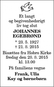 Dødsannoncen for Johannes Egebrønd - Hobro