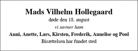 Dødsannoncen for Mads Vilhelm Hollegaard - Søndersø