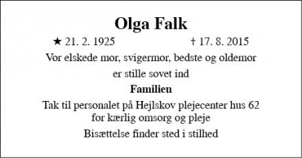 Dødsannoncen for Olga Falk - Egtved