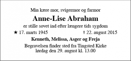 Dødsannoncen for Anne-Lise Abraham - Nykøbing F