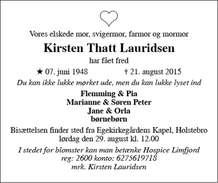 Dødsannoncen for Kirsten Thatt Lauridsen - Holstebro