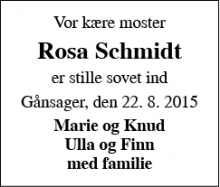 Dødsannoncen for Rosa Schmidt - Gånsager