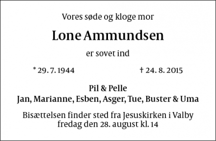 Dødsannoncen for Lone Ammundsen - København