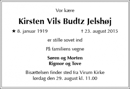 Dødsannoncen for Kirsten Vils Budtz Jelshøj - Virum