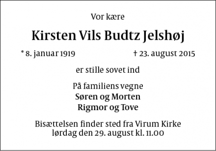 Dødsannoncen for Kirsten Vils Budtz Jelshøj - Virum