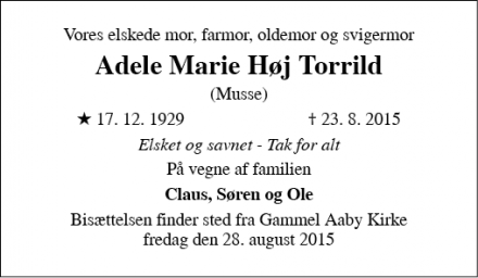 Dødsannoncen for Adele Marie Høj Torrild - Aabyhøj - Aarhus