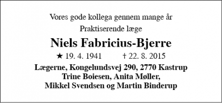 Dødsannoncen for Niels Fabricius-Bjerre - Birkerød