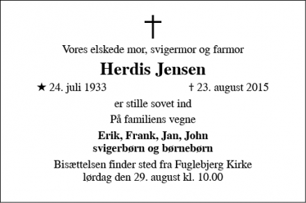 Dødsannoncen for Herdis Jensen - Dalmose