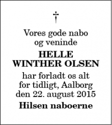 Dødsannoncen for Helle Winther Olsen - Aalborg