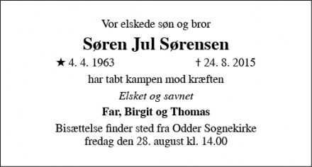 Dødsannoncen for Søren Jul Sørensen - Odder