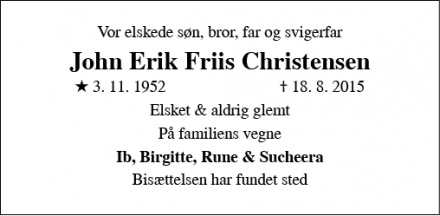 Dødsannoncen for John Erik Friis Christensen  - Gedser 