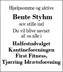 Dødsannoncen for Bente Styhm - Tjørring