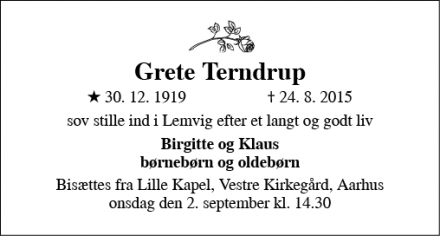Dødsannoncen for Grete Terndrup - århus