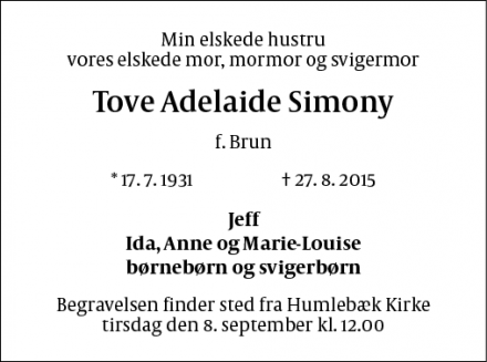 Dødsannoncen for Tove Adelaide Simony - 2830 Virum