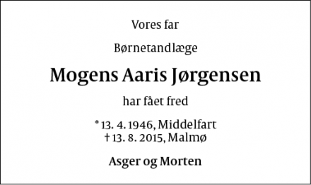 Dødsannoncen for Mogens Aaris Jørgensen - Malmø