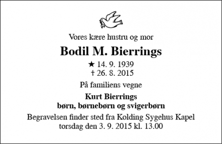 Dødsannoncen for Bodil M. Bierrings - Sdr. Stenderup