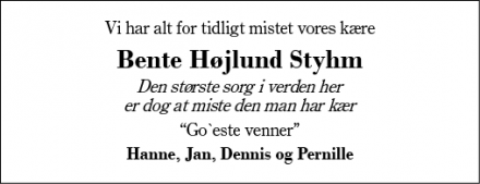 Dødsannoncen for Bente Højlund Styhm - Tjørring, 7400  Herning