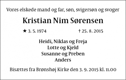 Dødsannoncen for Kristian Nim Sørensen - Brønshøj