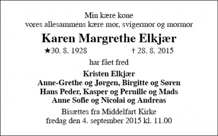 Dødsannoncen for Karen Margrethe Elkjær - Middelfart