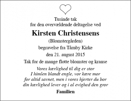 Dødsannoncen for Kirsten Christensen - København
