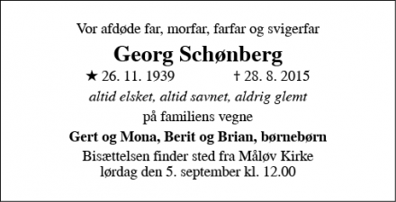 Dødsannoncen for Georg Schønberg - Ølstykke
